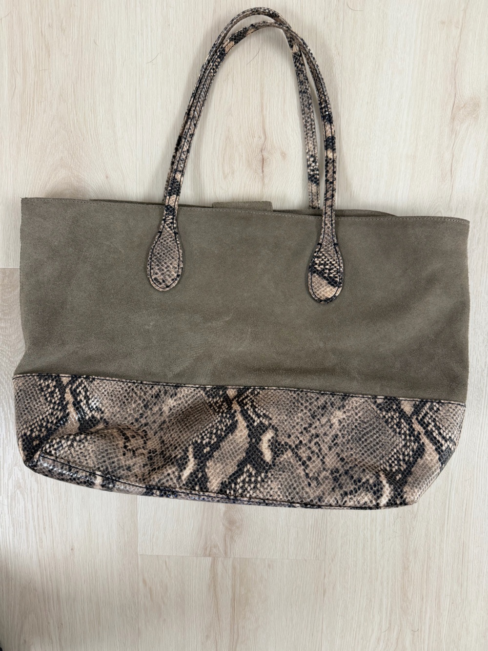 Talbots Taupe Suede Tote with Snake-Print Trim